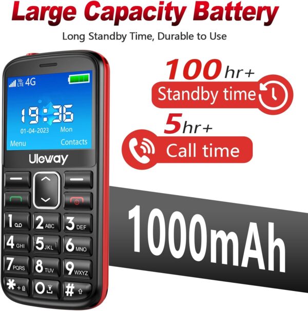 uleway 4G Telefono Movil para Mayores Libres, Teléfono Móvil Personas Mayores Teclas Grandes con Pantalla 2,4", Botón SOS,USB-C, Llamada Rápida, Movil Basico con Ranura Nano SIM, Base de Carga (Negro) - Image 7