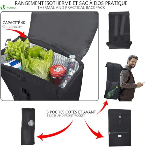 VOUNOT Carro de la Compra de 6 Ruedas Plegable con Asiento y Bolsa Térmica de 35 L, para Subir Escaleras, Negro - Image 5
