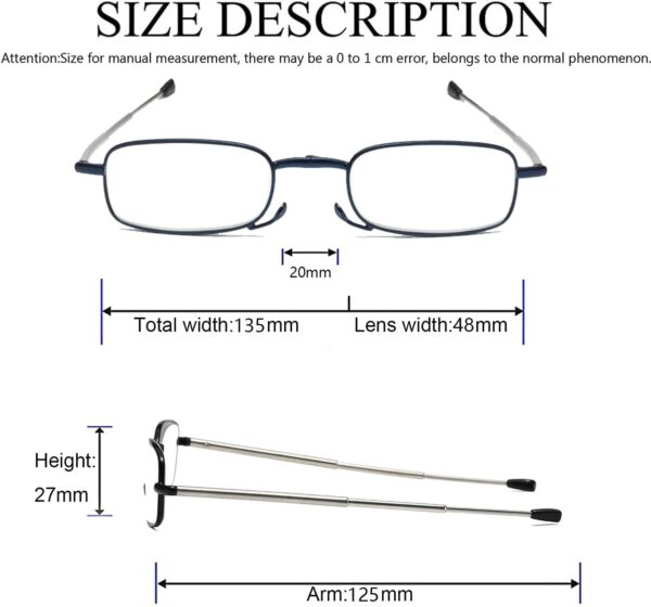 Hubeye Gafas de lectura plegables de metal con bisagras de resorte y patillas telescópicas Anteojos de lectura anti luz azul con estuche de bolsillo portátil 3.50 - Image 2