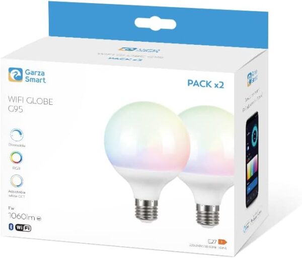 Garza Smart - Pack 2 Bombilla LED Inteligente Wifi Globo G95, 11W (equivale a 75W de incandescencia), E27, RGB + CCT, Intensidad regulable, Programable, Control voz y app, Alexa/Google, WiFi 2.4GHz - Image 2