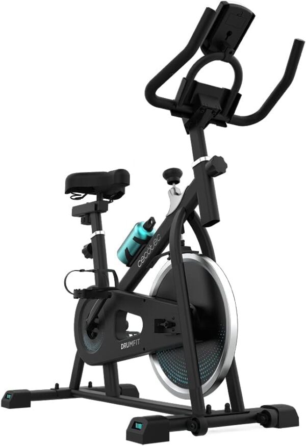 Cecotec Bicicleta Estática Indoor DrumFit Indoor, Volante de inercia de 6 a 13 Kg, Resistencia Manual, Monitor LCD, Pulsómetro, Soporte de Dispositivos, Botella, Porta Botellas y Calapiés