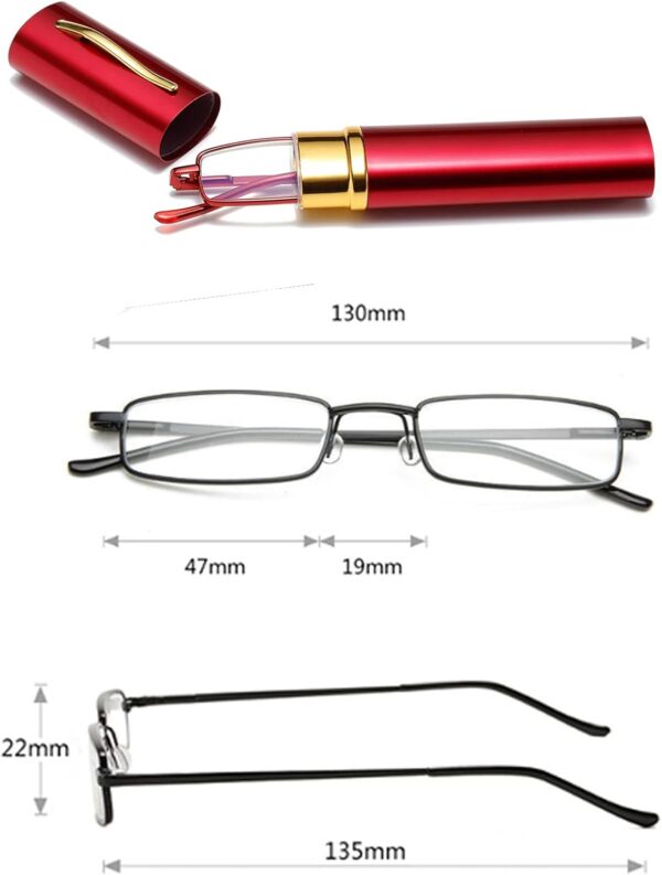 Hubeye Gafas de lectura portatiles con forma de bolígrafo de metal para hombre y mujer Anteojos de lectura con bisagras de resorte Anti luz azul con funda metal de bolsillo 3.00 - Image 2