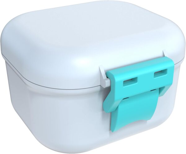 ARGOMAX Caja de prótesis a prueba de fugas, caja portátil para prótesis dentales, caja de dentaduras con colador, para prótesis dentales y aparatos ortopédicos (blanco + cian). - Image 2