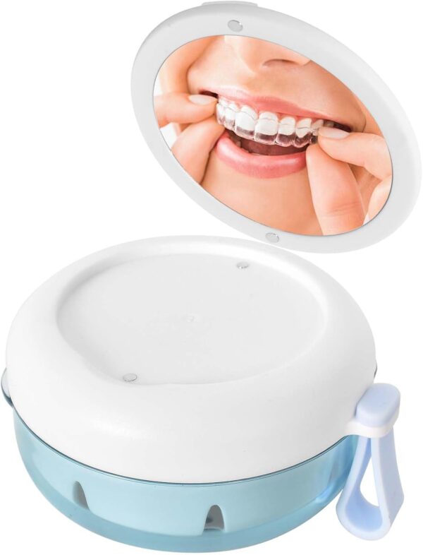 Caja para Dentaduras Postizas, Estuche Protector Bucal con Espejo, Caja Portátil Limpieza Ortodoncia Blanco, Baño para Dentadura, Porta Dentaduras