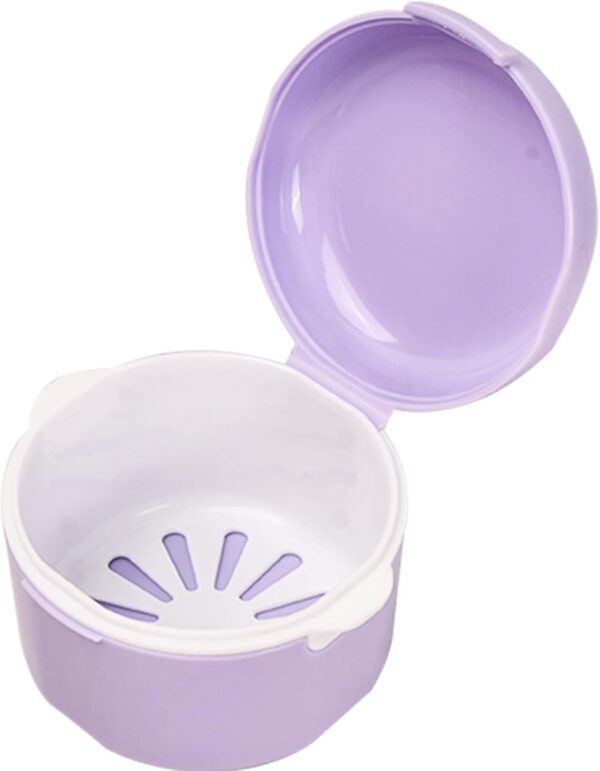 Almacenamiento de Dientes Falsos, Caja de Dentaduras Postizas, Caja de Retención Dental, Estuche de Baño para Dentadura, Contenedor por Ortodoncia con Cesta de Enjuague para Remojo Limpieza (Púrpura)