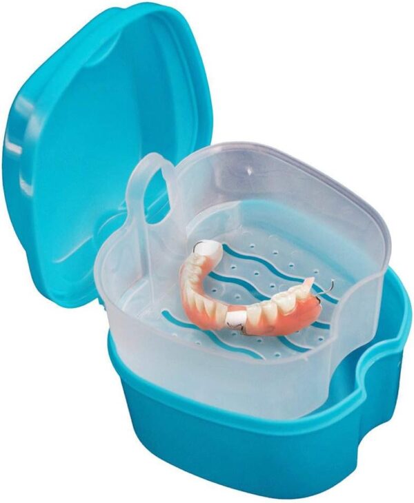 Caja de Baño para Dentadura Postiza,Caja de Baño para Dentadura Postiza Dental con Contenedor de Red Colgante(Azul Claro) - Image 2