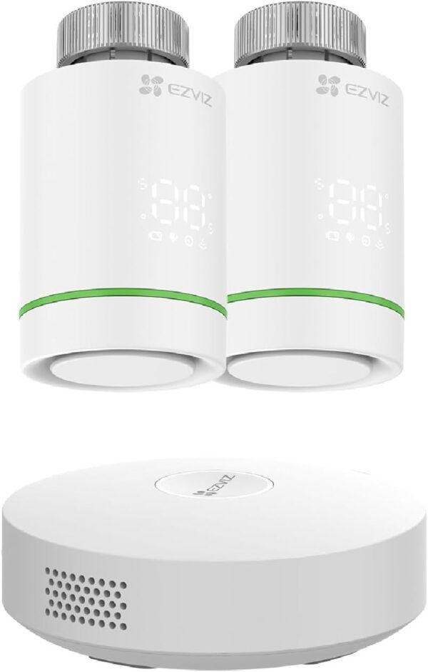 EZVIZ Válvulas Termostaticas WiFi Inteligente, Kit de 2 Termostatos de Radiador con A3 Puerta de Casa, Control de Calefacción Energética Eficiente, DIY Instalación, Automatización del hogar, T55 Kit