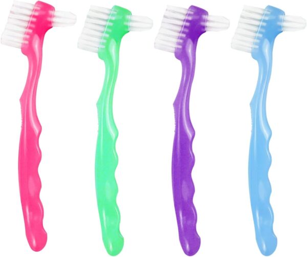 EvaGO 4 cepillos de limpieza de dentaduras postizas con cerdas multicapa y mango de goma ergonómico, cepillo portátil de doble cara para limpieza de dientes falsos (4C)