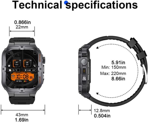 Reloj inteligente militar para hombre con linterna LED 3ATM, resistente al agua, pantalla grande de 1.97 pulgadas, reloj inteligente táctico resistente con llamada deportiva, rastreador de fitness con - Image 7