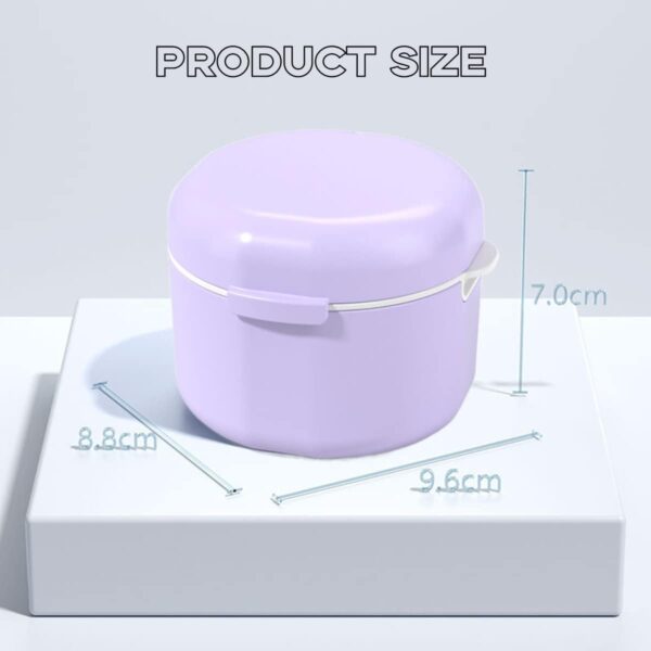BINQILIN Caja de dentadura portátil para almacenamiento de dientes falsos, caja de limpieza de dentaduras con cesta coladora, caja de baño para almacenar remojo (morado) - Image 2