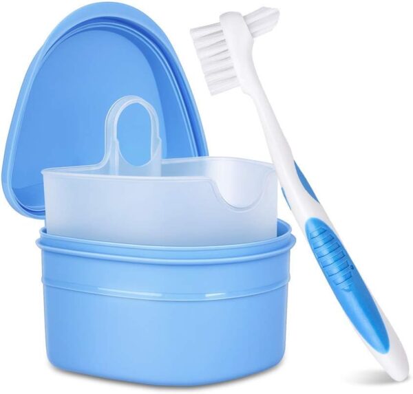 Y-Kelin Kit de limpieza de dentaduras postizas con cepillo de dientes postizos de dos cabezas (Azul)