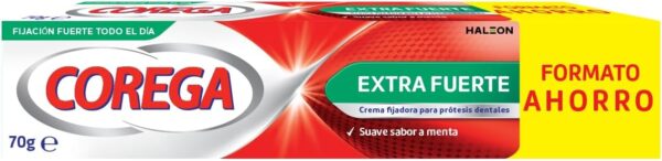 Corega Crema Fijadora Para Prótesis Dentales Extra Fuerte, Durante Todo el Día, Sabor a Menta Fresca, 70 g