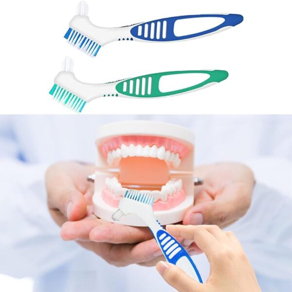 Estuche para 2 dentaduras postizas, juego de cepillos para dentaduras postizas, con cepillos limpiadores para dentaduras postizas, para almacenamiento de dientes postizos, limpieza, verde + azul - Image 2