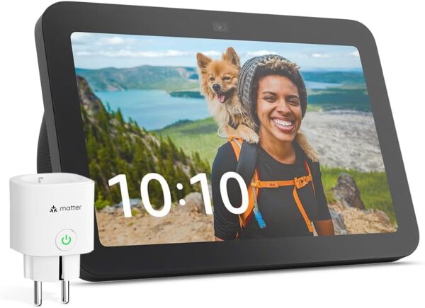 Echo Show 8 (3.ª generación, modelo de 2023) | Antracita + Meross Enchufe Inteligente Matter, compatible con Alexa - Kit de inicio de Hogar digital