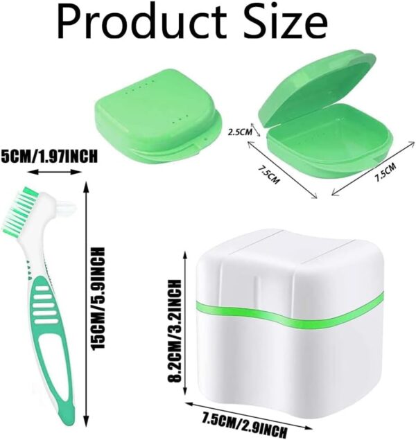 Estuche para 2 dentaduras postizas, juego de cepillos para dentaduras postizas, con cepillos limpiadores para dentaduras postizas, para almacenamiento de dientes postizos, limpieza, verde + azul - Image 5