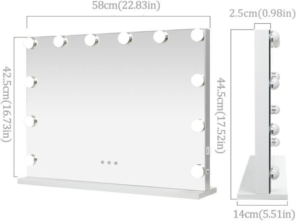 iCREAT Espejo de Maquillaje Hollywood con Luces, 3 Modos de Color, Espejo de Mesa sin Marco con Control Táctil Inteligente, 15 Bombillas Regulables, Salida USB, 58X46 cm, Blanco - Image 8