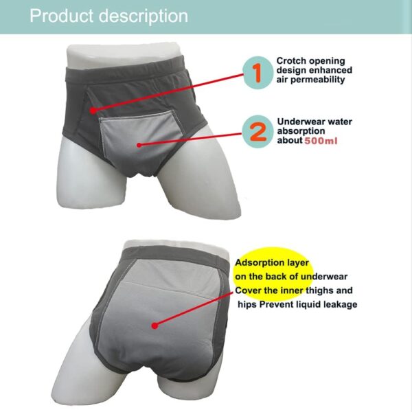 Pantalones cortos de incontinencia lavables para hombre, ropa interior abierta, para adultos, pacientes, reutilizables, transpirables, para adultos, próstata, 500 ml (Gris, L) - Image 2