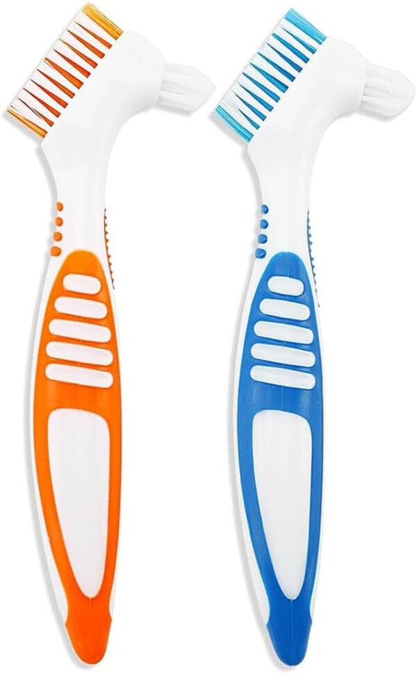 Cepillos portátiles para limpieza de dentaduras postizas con cerdas moderadamente multicapa, cepillo de doble punta para limpiar dientes artificiales, 2 colores