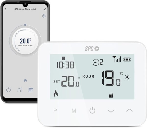 SPC Vesta Thermostat – Termostato calefacción WiFi para Caldera de Gas, manejo Inteligente por App, Compatible con Alexa/Google, detección de Ventanas Abiertas, programable y de Pared – Blanco