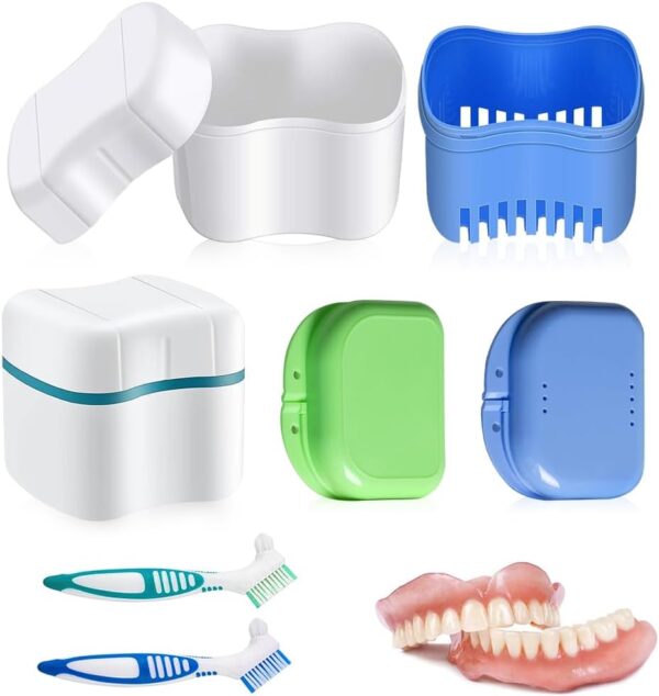 mizikuu 6 Piezas Caja Dentadura kit, Estuche Para Dentadura con 2 Pcs Cepillo de Dientes Postizos Caja de Almacenamiento de Dentaduras Postizas con colador Caja ortodoncia para Remojo Limpieza