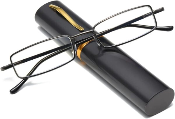 Hubeye Gafas de lectura portatiles con forma de bolígrafo de metal para hombre y mujer Anteojos de lectura con bisagras de resorte Anti luz azul con funda metal de bolsillo 1.50