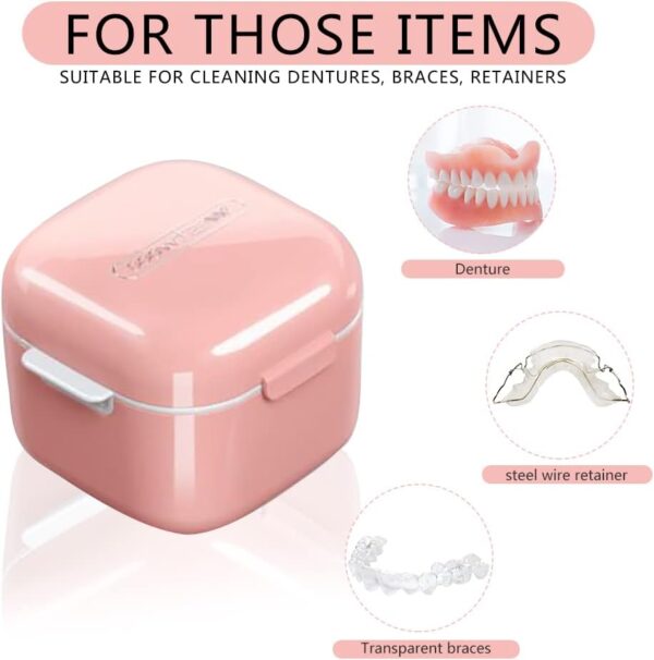 Caja de Dentadura Dental Baño con Colador Portátil de Dientes Falsos contenedor para Dentadura Higiénica para Almacenamiento e Inmersión de Protectores Bucales Retenedores y aparatos dentales (Rosado) - Image 2