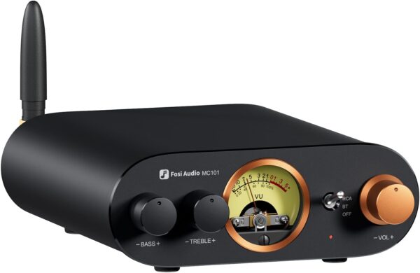 Fosi Audio MC101 Bluetooth Amplificador Estéreo Home Audio Component Mini Amp con VU Meter Receptor HiFi 2 canales para Altavoces Pasivos con Bass Treble Tone Control Vintage All Aluminum Alloy