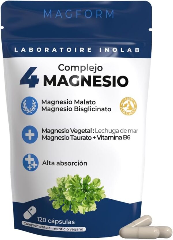 INOLAB Magnesio 1980mg | 4 Formas completas: Magnesio Bisglicinato, Malato, Vegetal Orgánico, Taurato | Alta Absorción y Tolerancia Digestiva | Bienestar Muscular y Nervioso | 120 Cápsulas