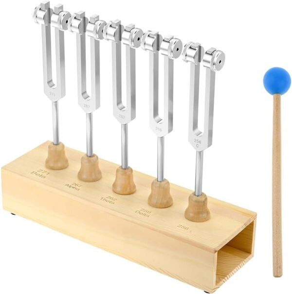 RATSTONE Diapasones Terapeuticos Chakras,Diapason,Juego de diapasones de 5, 256, 259, 262, 267, 271 Hz, con martillo de silicona y altavoz de madera para sonoterapia y yoga