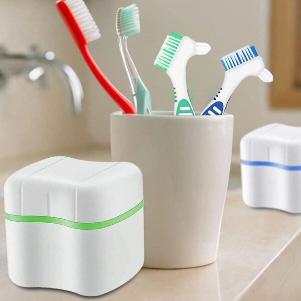 Estuche para 2 dentaduras postizas, juego de cepillos para dentaduras postizas, con cepillos limpiadores para dentaduras postizas, para almacenamiento de dientes postizos, limpieza, verde + azul - Image 3