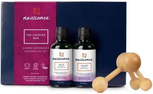 Naissance Set de Aceites De Masaje Orgánico The Couples Box Kit - Juego de Regalo Para Parejas 2 x 50ml Aceite Natural Con Masajeador De Madera