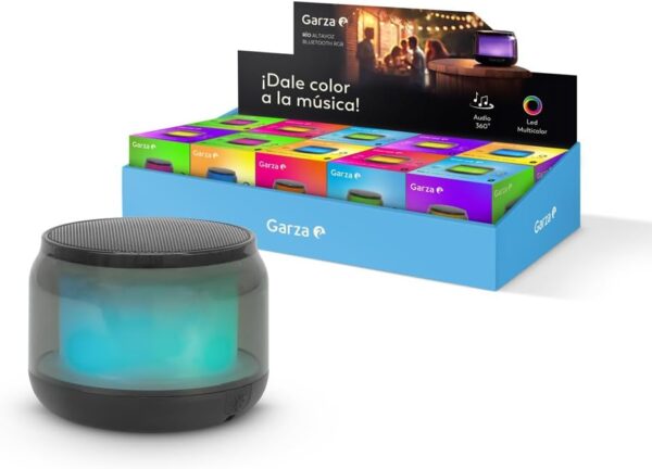 Garza - Altavoz Portátil Inalámbrico Bluetooth 5.1/ Micro SD con 15 Modos de luz LED Multicolor, Sonido 360º y Manos Libres