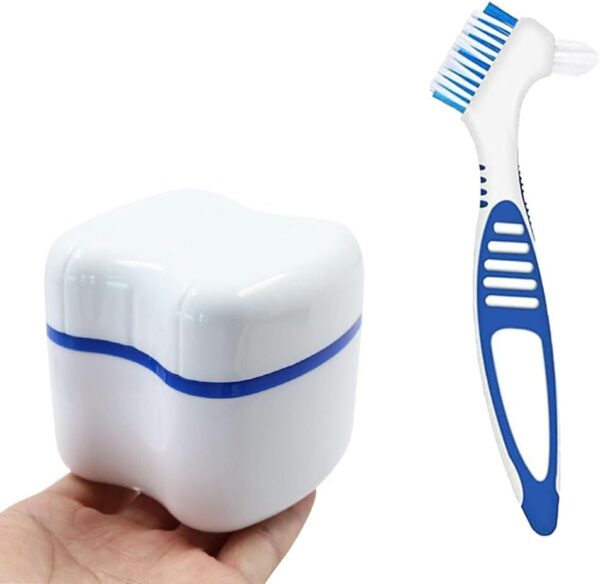 Estuche para 2 dentaduras postizas, juego de cepillos para dentaduras postizas, con cepillos limpiadores para dentaduras postizas, para almacenamiento de dientes postizos, limpieza, verde + azul - Image 4