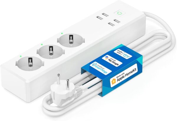 Meross Regleta Inteligente WiFi, Enchufe Múltiple de 3 Tomas+4 Puerto USB, 1,8 Metro, Compatible con Alexa y Google Home, Control Remoto por App, 16A, 3840W