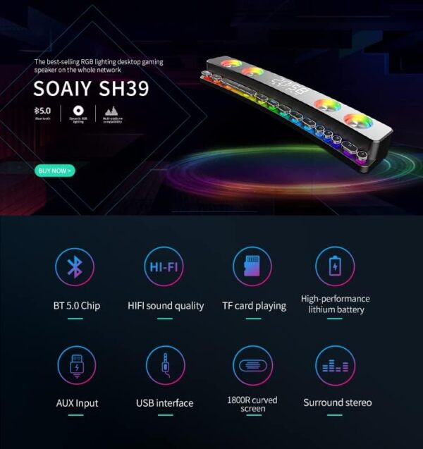 Zedo Altavoces Bluetooth SH39 Reloj Bluetooth inalámbrico RGB Juego Altavoz Barra de sonido 3D estéreo subwoofer multifuncional colorido mecánico hogar, viajes, camping - Image 6