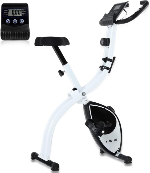 ISE Bicicleta estática plegable Cardio Training Fitness 8 niveles de resistencia magnética pantalla LCD Entrenamiento con sensor de frecuencia cardiaca, SY-810L