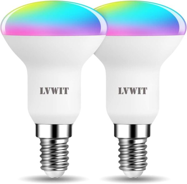 LVWIT Bombillas Inteligentes E14, Compatible con Alexa, Google Home Assistant y Smart Life/Tuya App, Bombilla Wi-Fi R50 4.9W 470 Lm, Lámpara Regulable LED equivalente a 40W - 2 Unidades.