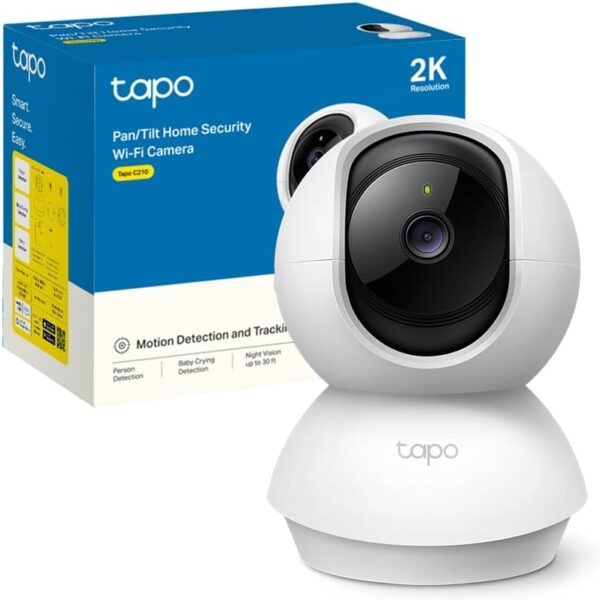 TP-Link Tapo C210 - Cámara IP WiFi 360° Cámara de Vigilancia 2K (3MP),Visión nocturna Admite tarjeta SD hasta 512 GB, Detección y seguimiento de movimiento, Control Remoto, Compatible con Alexa