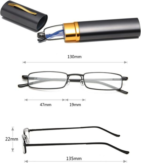 Hubeye Gafas de lectura portatiles con forma de bolígrafo de metal para hombre y mujer Anteojos de lectura con bisagras de resorte Anti luz azul con funda metal de bolsillo 1.50 - Image 2