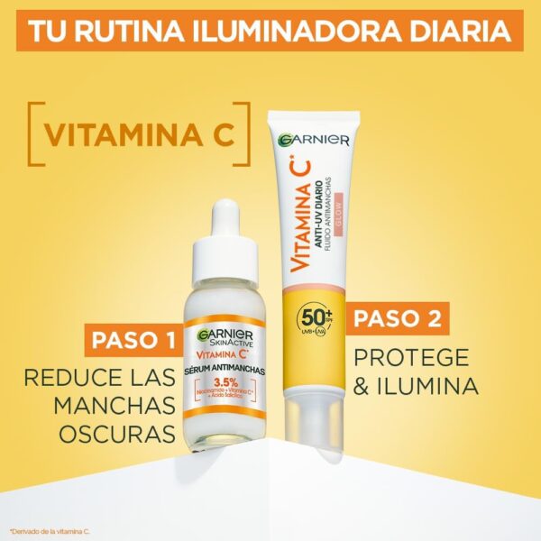 Garnier Vitamina C Pack rutina Antimanchas, Crema Fluida UV Diaria Iluminadora FPS50+ 40 ml, Garnier Sérum Anti Manchas con Vitamina C y Niacinamida 30 ml, Muestras Regalo - Image 3