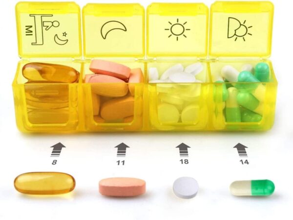Pastillero Semanal de 4 Tomas Diarias en español, Cerrado Herméticamente Organizador Medicamentos 28 Compartimentos Certificado Alimentario Para La Memoria, Dosificador Pastillas, Viaje - Image 5