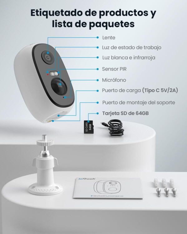 ieGeek 2K Camara Vigilancia WiFi Exterior/Interior sin Cables, Batería Recargable de 5200 mAh, Cámara IP de Seguridad con Impermeable, Detección de Movimiento PIR, Visión Nocturna, Audio de 2 Vias - Image 2