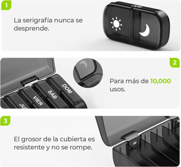 AUVON Pastillero Semanal 2 Tomas Español, Pastillero Diario Grande 7 Dias, Dosificador de Comprimidos con 14 Compartimentos, caja de Organizador para el bolsillo de la mano o del pantalón - Image 3