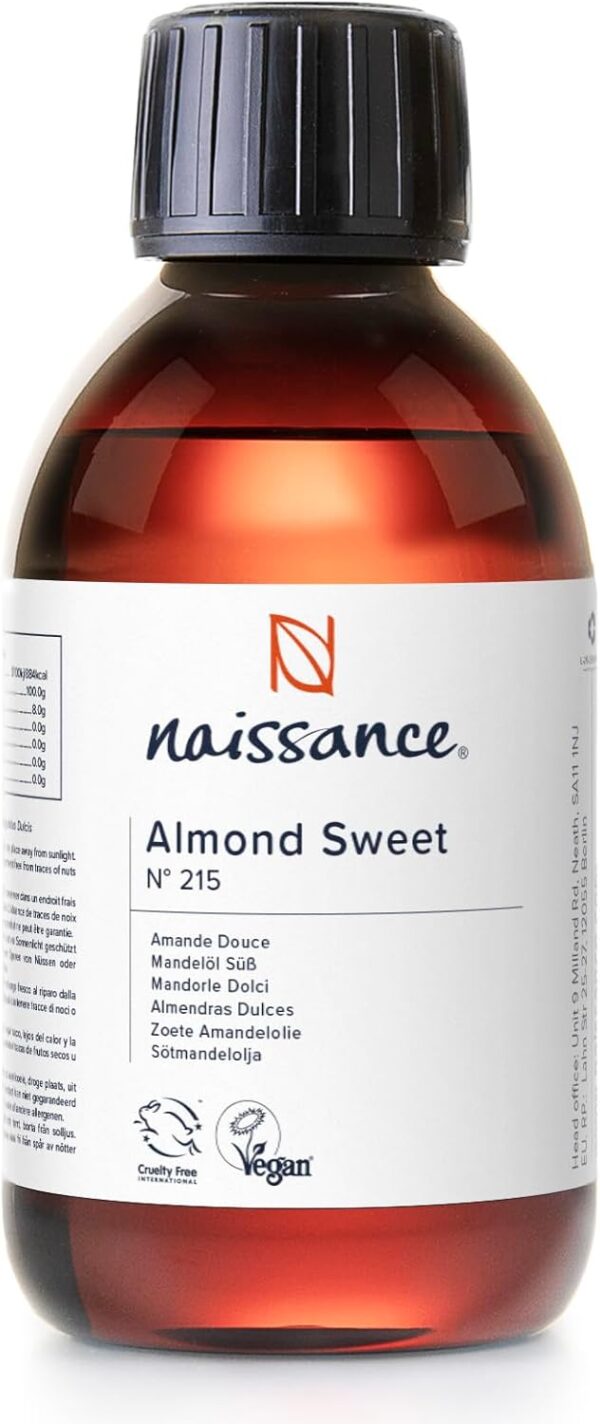 Naissance Aceite De Almendras Dulces Prensado en Frio (No 215) 250ml - Hidratante y Emoliente Cuidado Cara, Pelo, Uñas, Cuerpo, Piel – Para Masaje Corporal, Jabones, Estrías