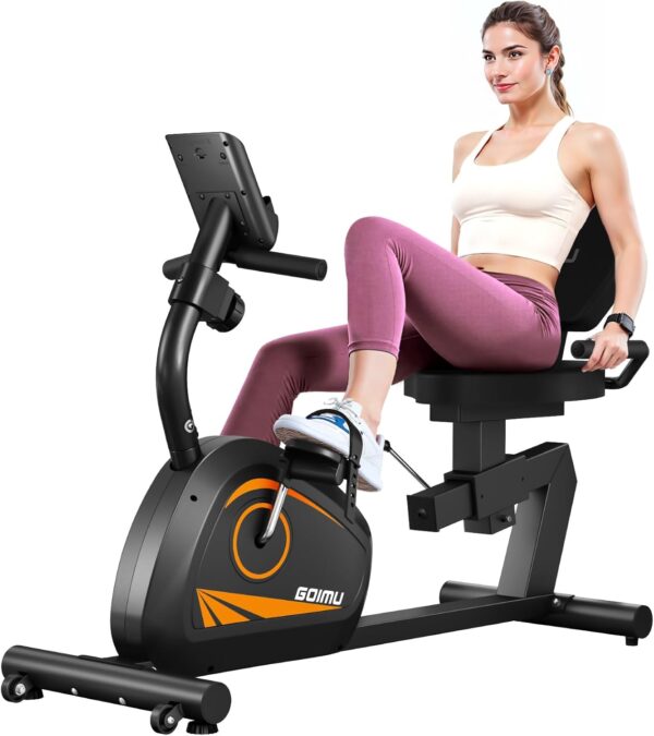 Goimu Bicicleta estática reclinada, bicicleta de resistencia magnética con asiento ajustable, bicicleta de ciclismo para interiores, bicicleta de fitness estacionaria para adultos mayores, resistencia