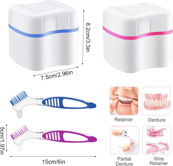 2 Recipiente Para Dentaduras Postizas, Dentaduras Postizas Caja De Almacenamiento Kit De Limpieza De Dentaduras Postizas Caja Aparato Dental Con Filtrar, Con 2 Cepillos De Limpieza - Image 7
