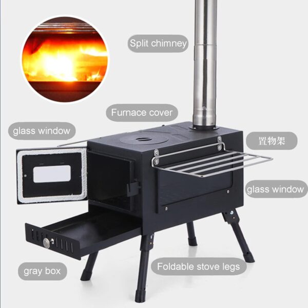 Estufa de leña portátil Kit de chimenea, Estufa de Camping para tienda de acero inoxidable,con ventana de vidrio grande para cocinar con calefacción en el hogar, ​barbacoa de picnic ​aire libre - Image 5