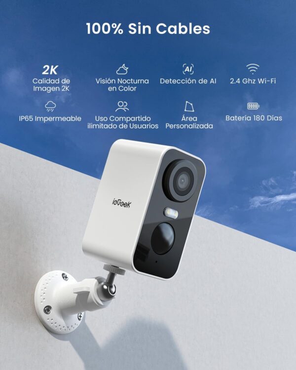 ieGeek 2K Camara Vigilancia WiFi Exterior/Interior sin Cables, Cámara de Vigilancia Exterior con Batería Recargable, 10M Visión Nocturna Colorida, Detección de Movimiento PIR, Audio de 2 Vias - Image 2