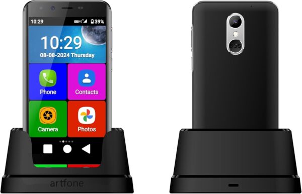 Teléfono Móvil para Personas Mayores 4G, Smartphone Artfone Smart_500, Senior, Botón SOS, Iconos Grandes, Base de Carga, Modo Sencillo, Volumen Alto, Batería 2550 mAh (Smart-500-Negro-2024)