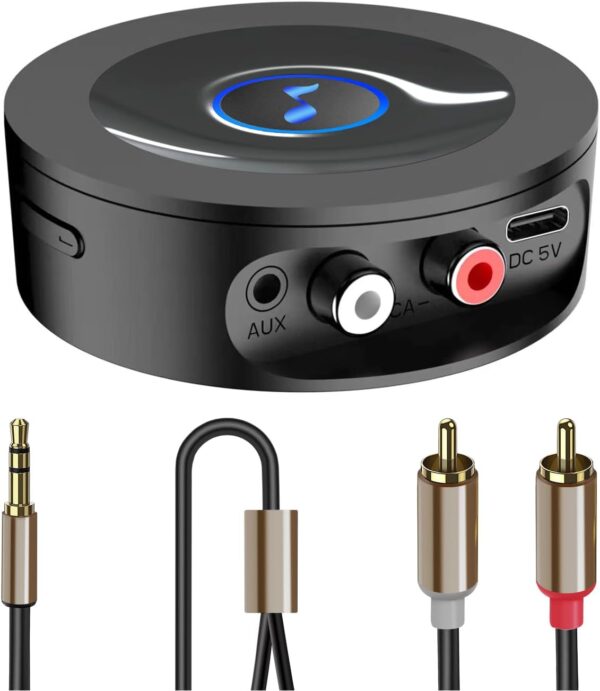 Receptor Bluetooth 5.2 HiFi, Adaptador Bluetooth Jack 3.5mm Nivel Lossless para Estéreo Casa, Altavoz, Amplificador, con Salidas AUX/RCA, Largo Alcance, Audio HD y Baja Latencia